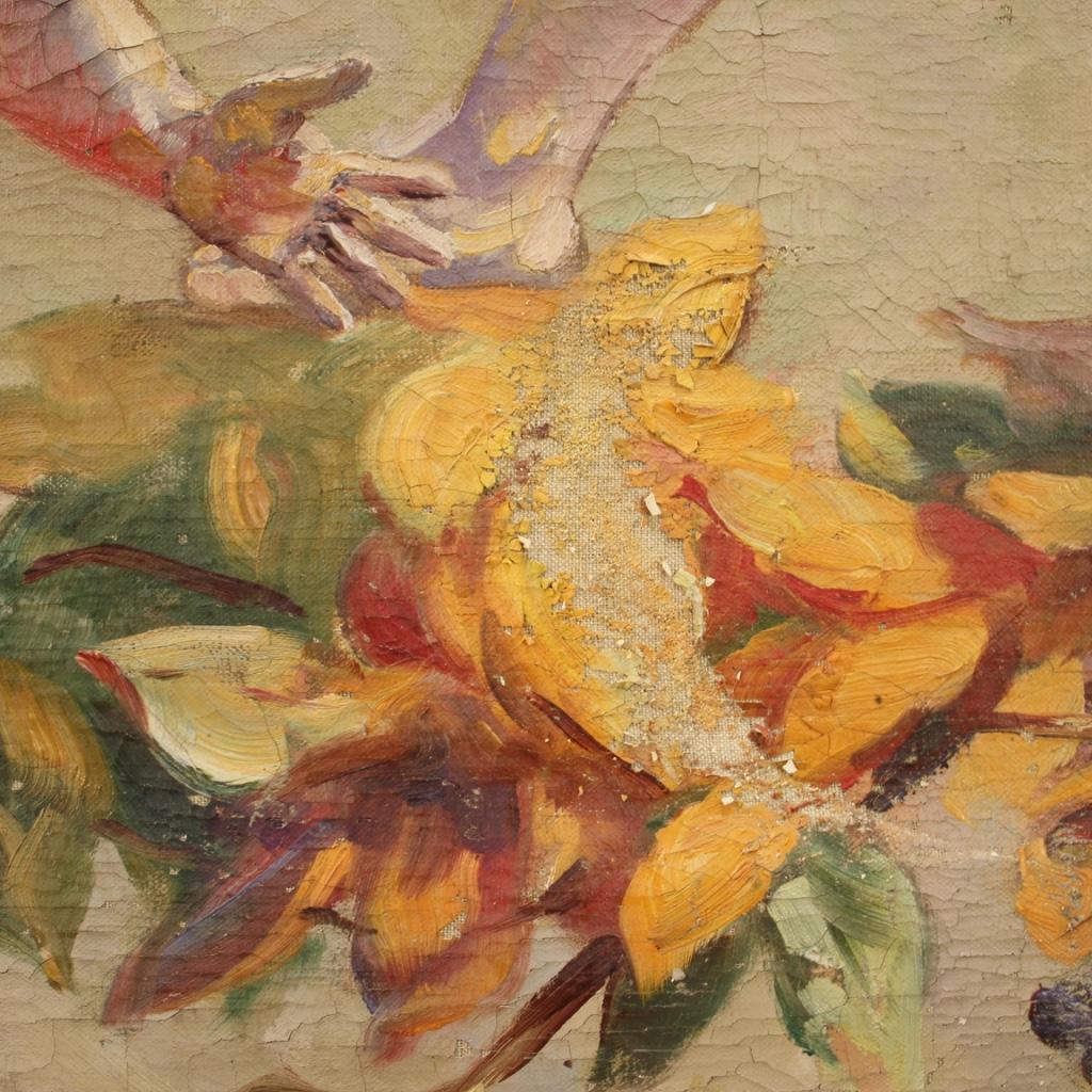 20th Century Oil on Canvas Italian Painting Naif Games of Winged Children, 1960 For Sale 7