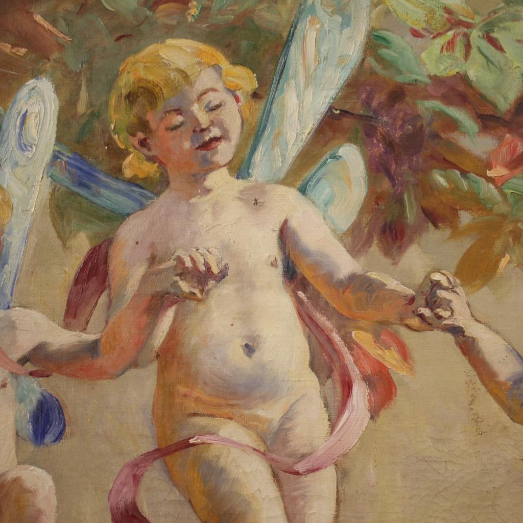 20th Century Oil on Canvas Italian Painting Naif Games of Winged Children, 1960 For Sale 8