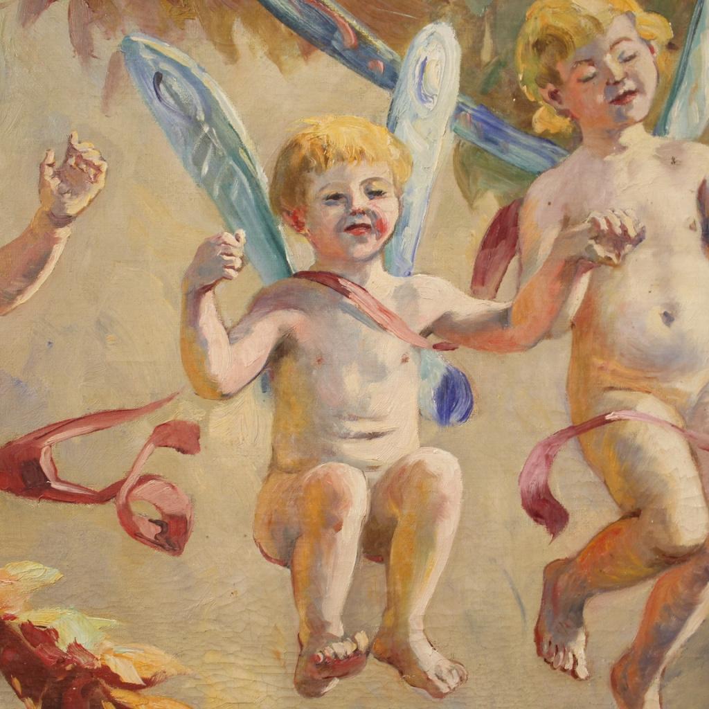 20th Century Oil on Canvas Italian Painting Naif Games of Winged Children, 1960 For Sale 9