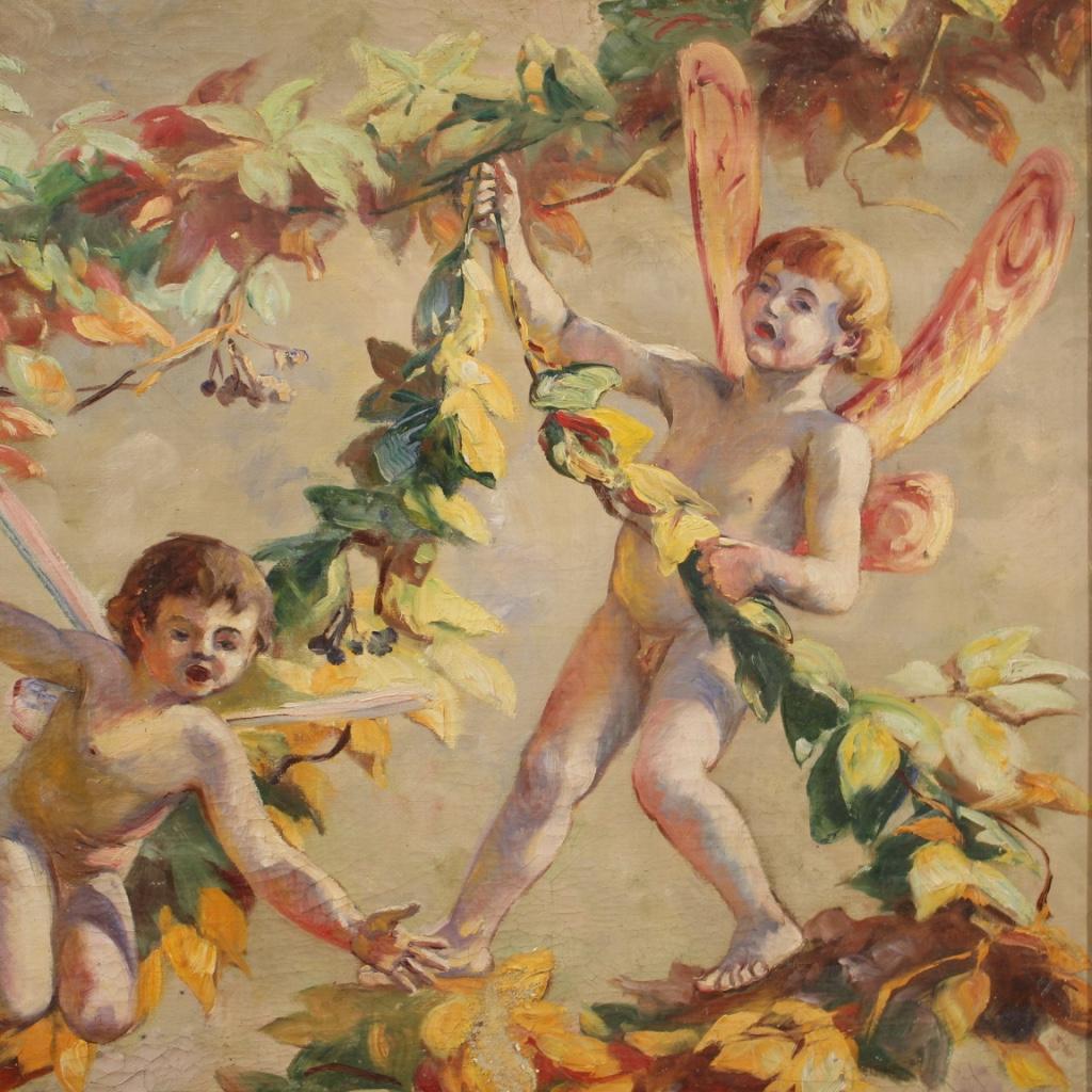 20th Century Oil on Canvas Italian Painting Naif Games of Winged Children, 1960 For Sale 3
