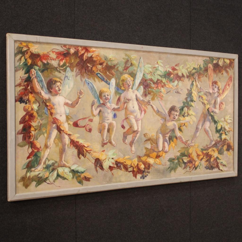 20th Century Oil on Canvas Italian Painting Naif Games of Winged Children, 1960 For Sale 5