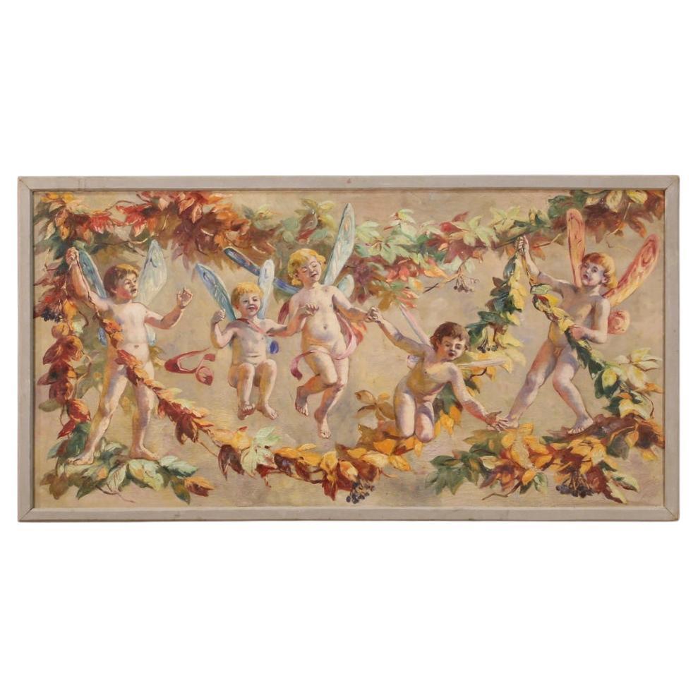 20th Century Oil on Canvas Italian Painting Naif Games of Winged Children, 1960 For Sale