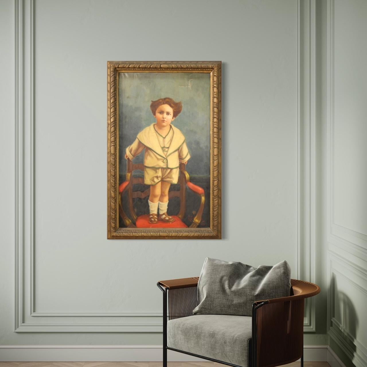 20th Century Oil on Canvas Italian Painting Portrait of a Child, 1921 For Sale 10