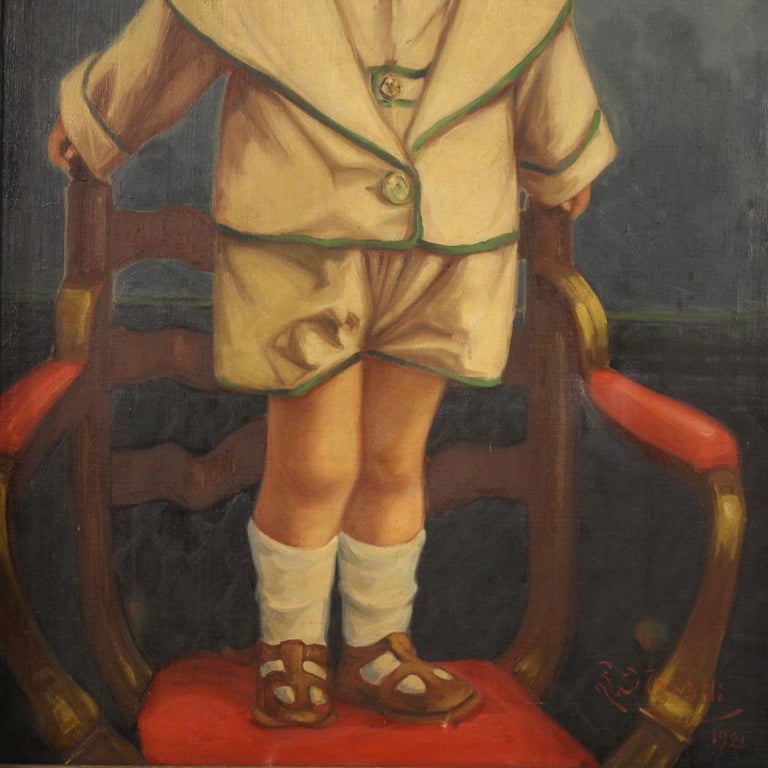 20th Century Oil on Canvas Italian Painting Portrait of a Child, 1921 For Sale 4