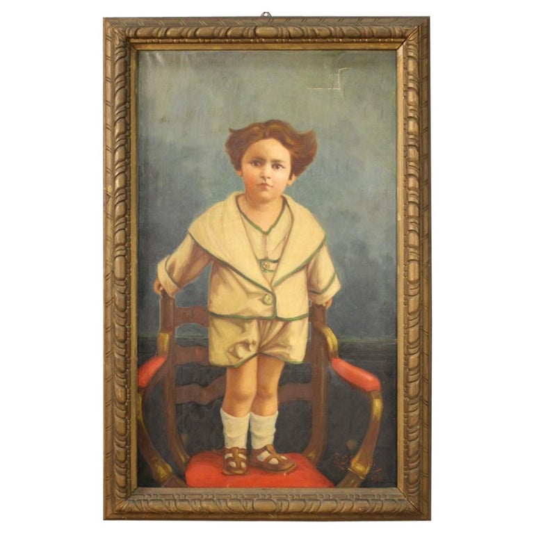 20th Century Oil on Canvas Italian Painting Portrait of a Child, 1921 For Sale