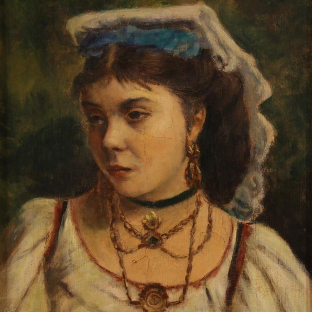 Italian painting from the first half of the 20th century. Framework oil on canvas depicting a portrait of a Neapolitan girl in traditional dress. Small painting, for antique dealers, decorators and collectors of Italian painting of the 20th century.