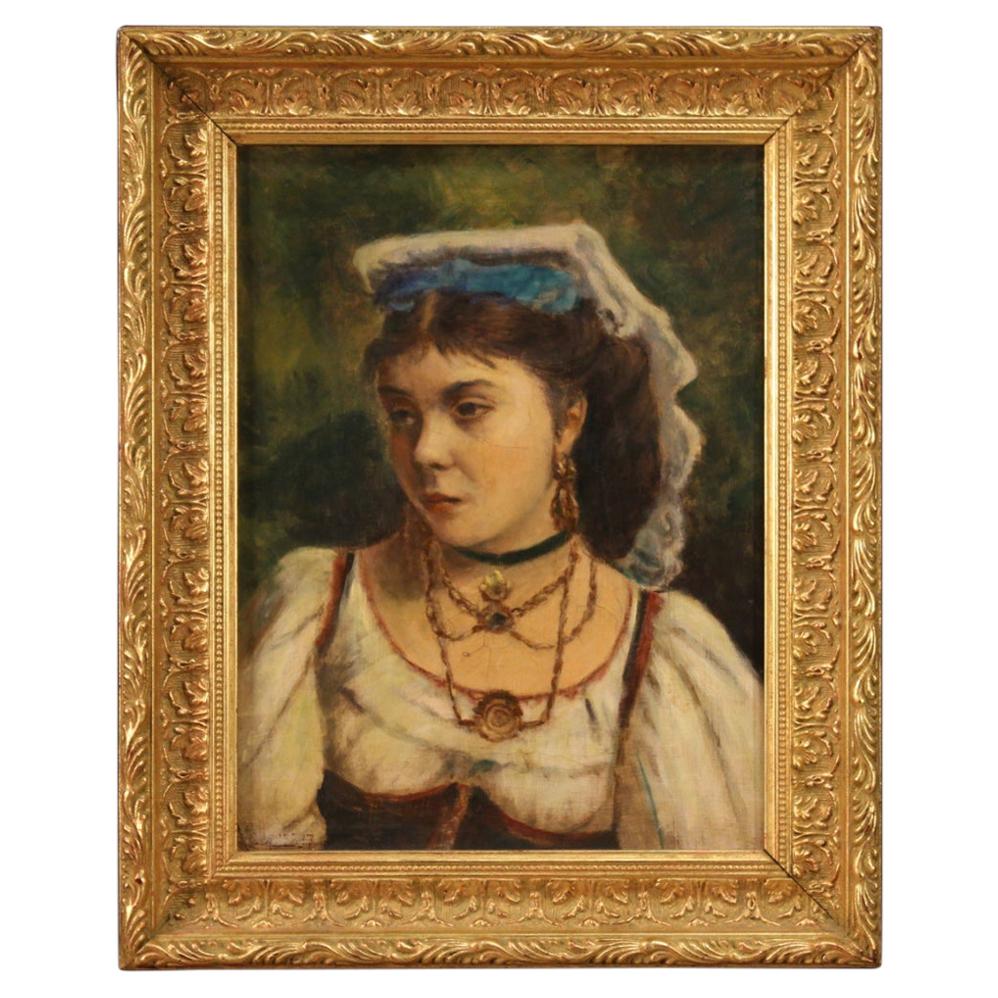 20th Century Oil on Canvas Italian Painting Portrait of a Neapolitan Girl, 1920