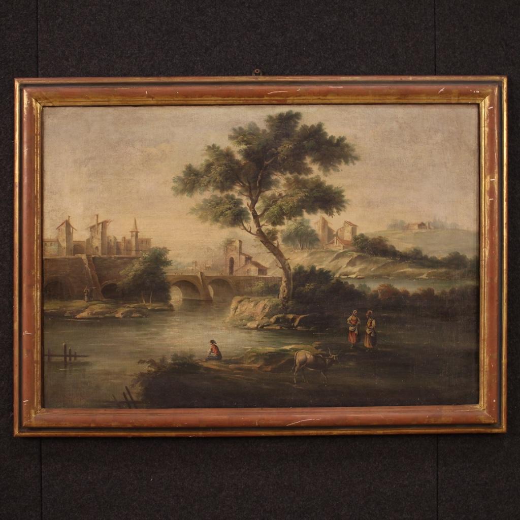 Italian painting from the mid-20th century. Framework oil on canvas depicting a river landscape with eighteenth-century architecture, characters and animals. Lacquered and gilded wooden frame with some small drops of color (see picture),