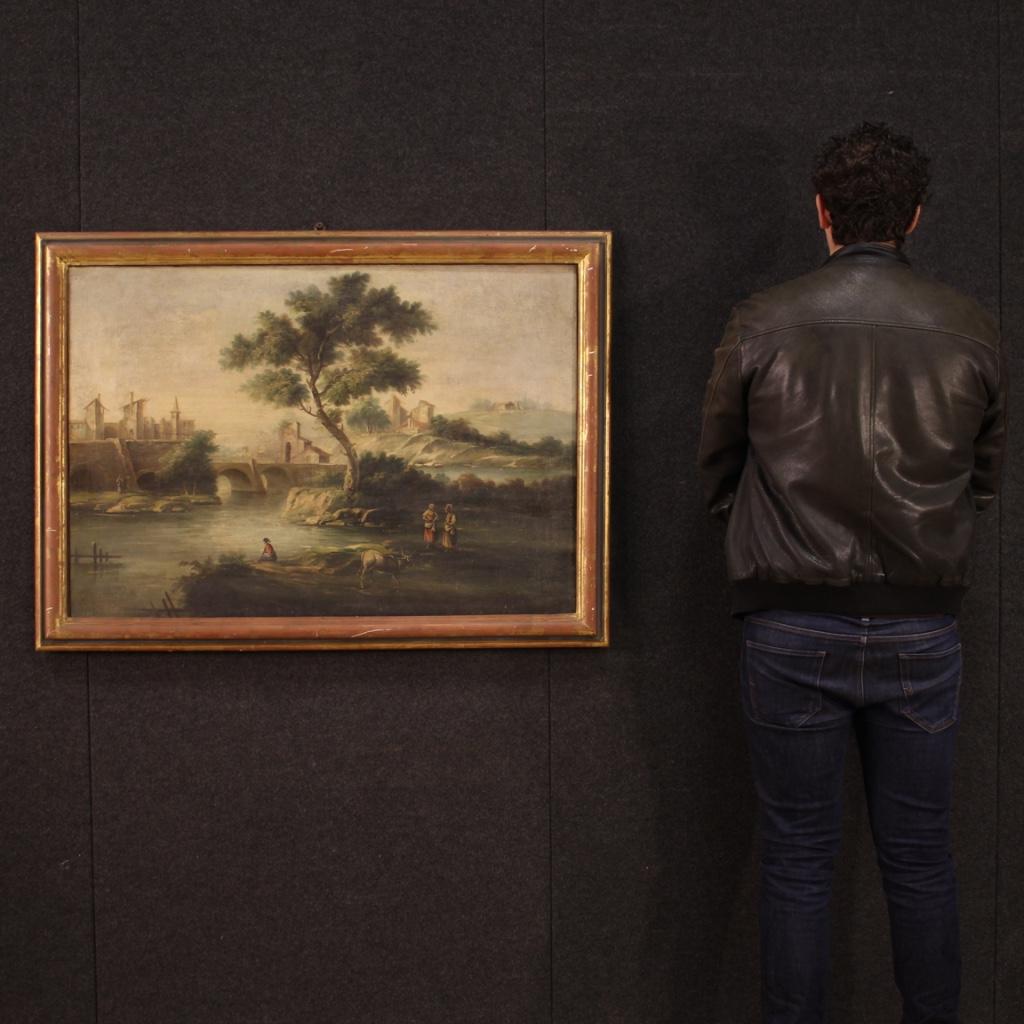 Huilé Peinture à l'huile sur toile italienne du 20ème siècle - Paysage de rivière, 1950 en vente