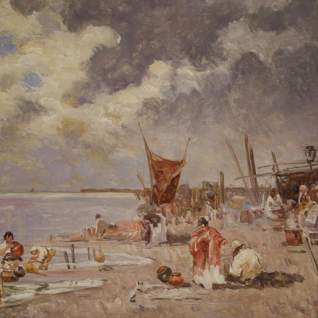 20th Century Oil on Canvas Italian Painting Seascape, Fishermen and Boats, 1950 For Sale 6