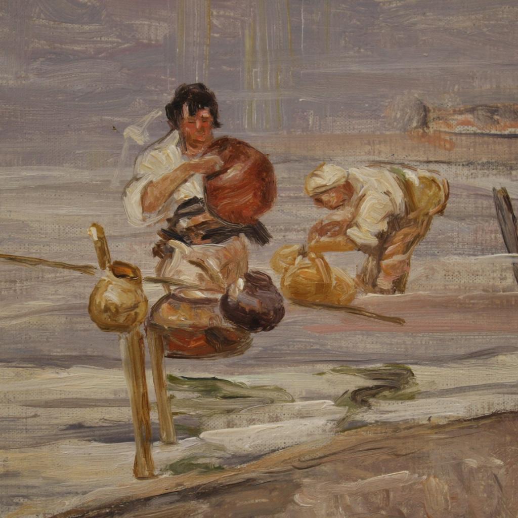 20th Century Oil on Canvas Italian Painting Seascape, Fishermen and Boats, 1950 For Sale 8