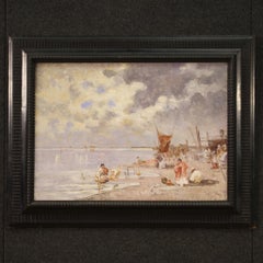 20th Century Oil on Canvas Italian Painting Seascape, Fishermen and Boats, 1950