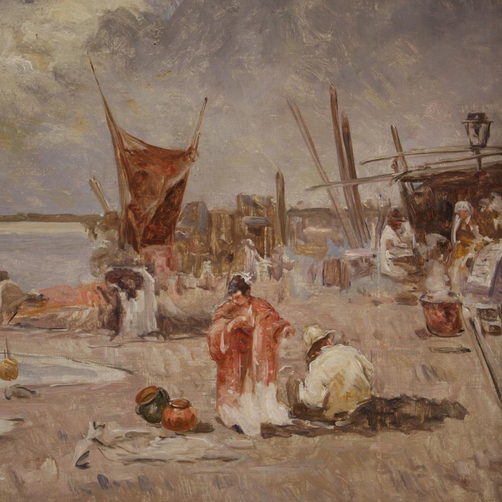 20th Century Oil on Canvas Italian Painting Seascape, Fishermen and Boats, 1950 For Sale 3