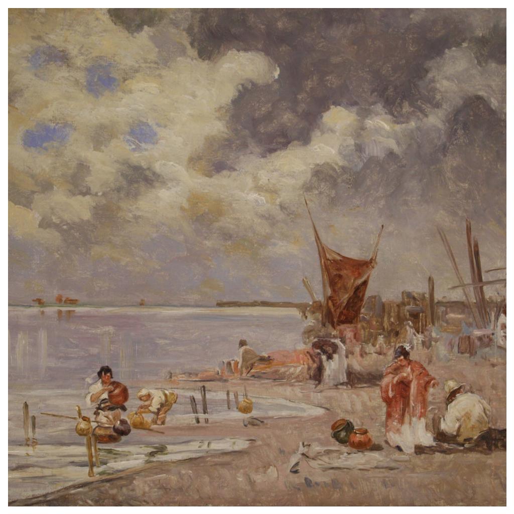Pittura italiana olio su tela del XX secolo, paesaggio marino, pescatori e barche, 1950