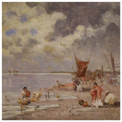 Vintage 20th Century Oil on Canvas Italian Painting Seascape, Fishermen and Boats, 1950