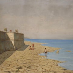 Peinture à l'huile sur toile italienne du 20ème siècle - Paysage marin avec murs, 1930