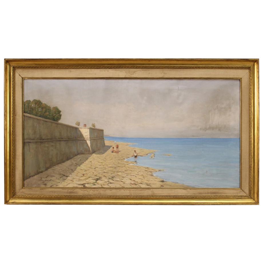 20th Century Oil on Canvas Italian Painting Seascape with Walls, 1930