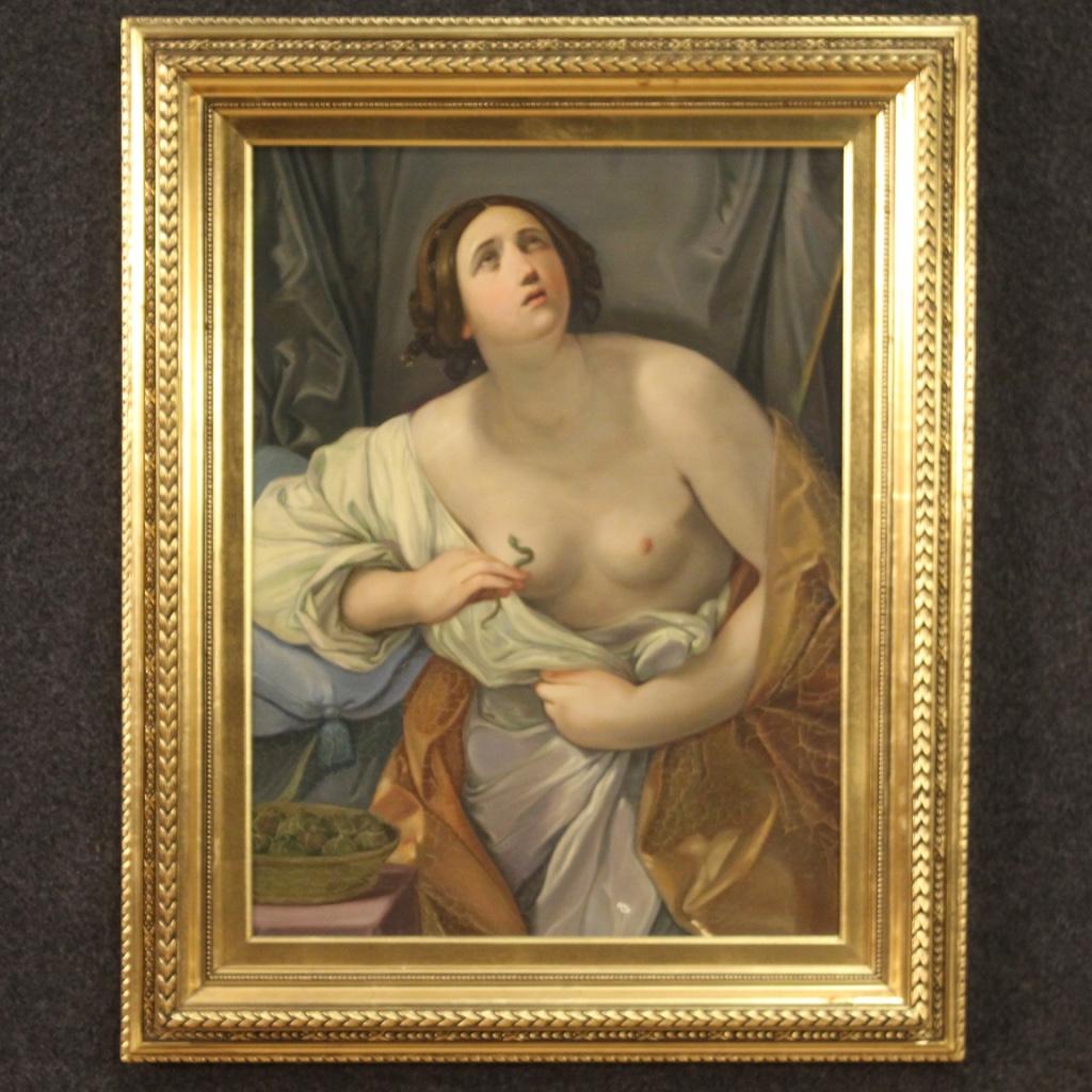 Italian painting from the 20th century. Oil on canvas framework depicting Suicide of Cleopatra of good pictorial quality. Finely chiseled and gilded wood and plaster frame, beautifully decorated, with some small signs of aging. Framework of