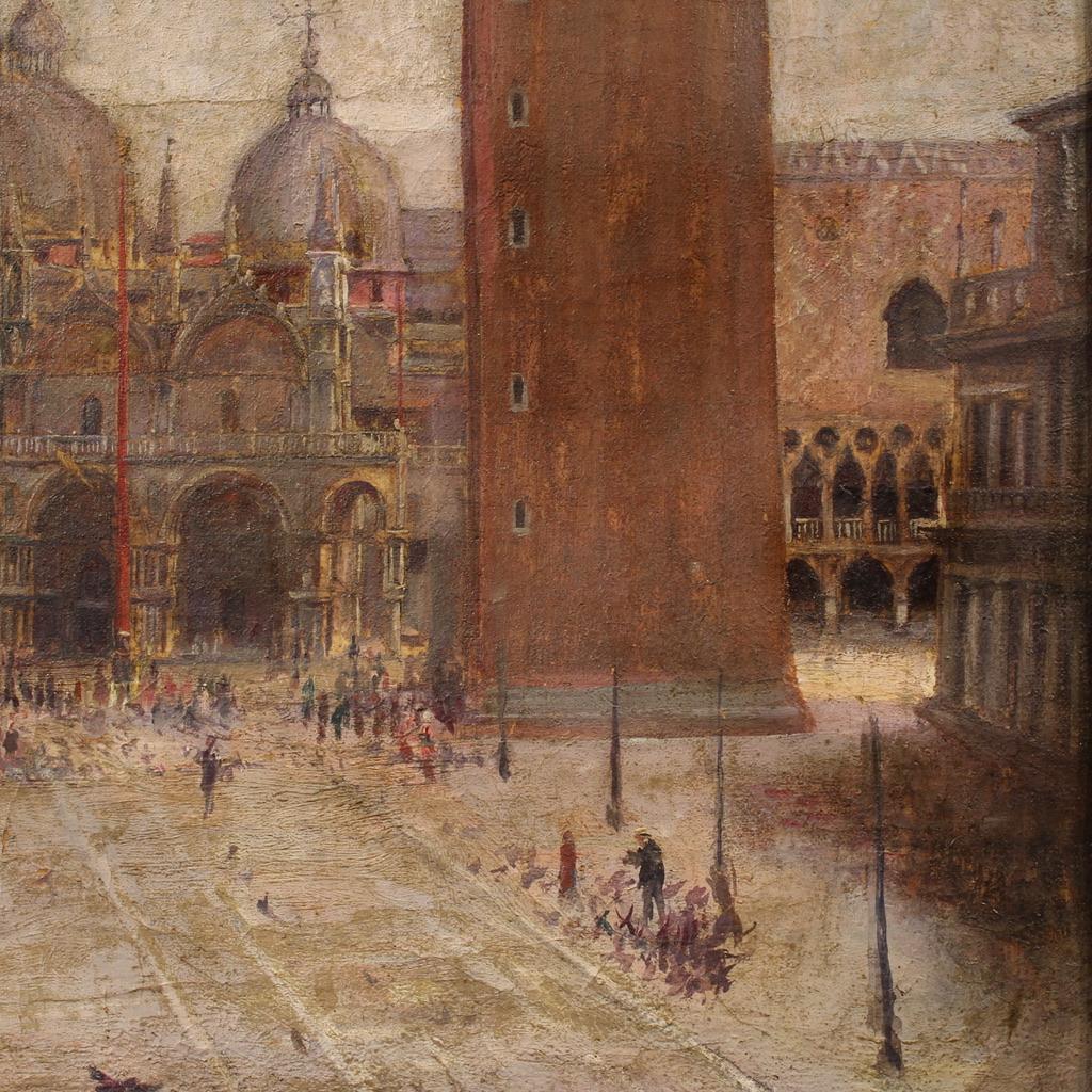 20th Century Oil on Canvas Italian Painting View of Saint Marks Square im Angebot 6