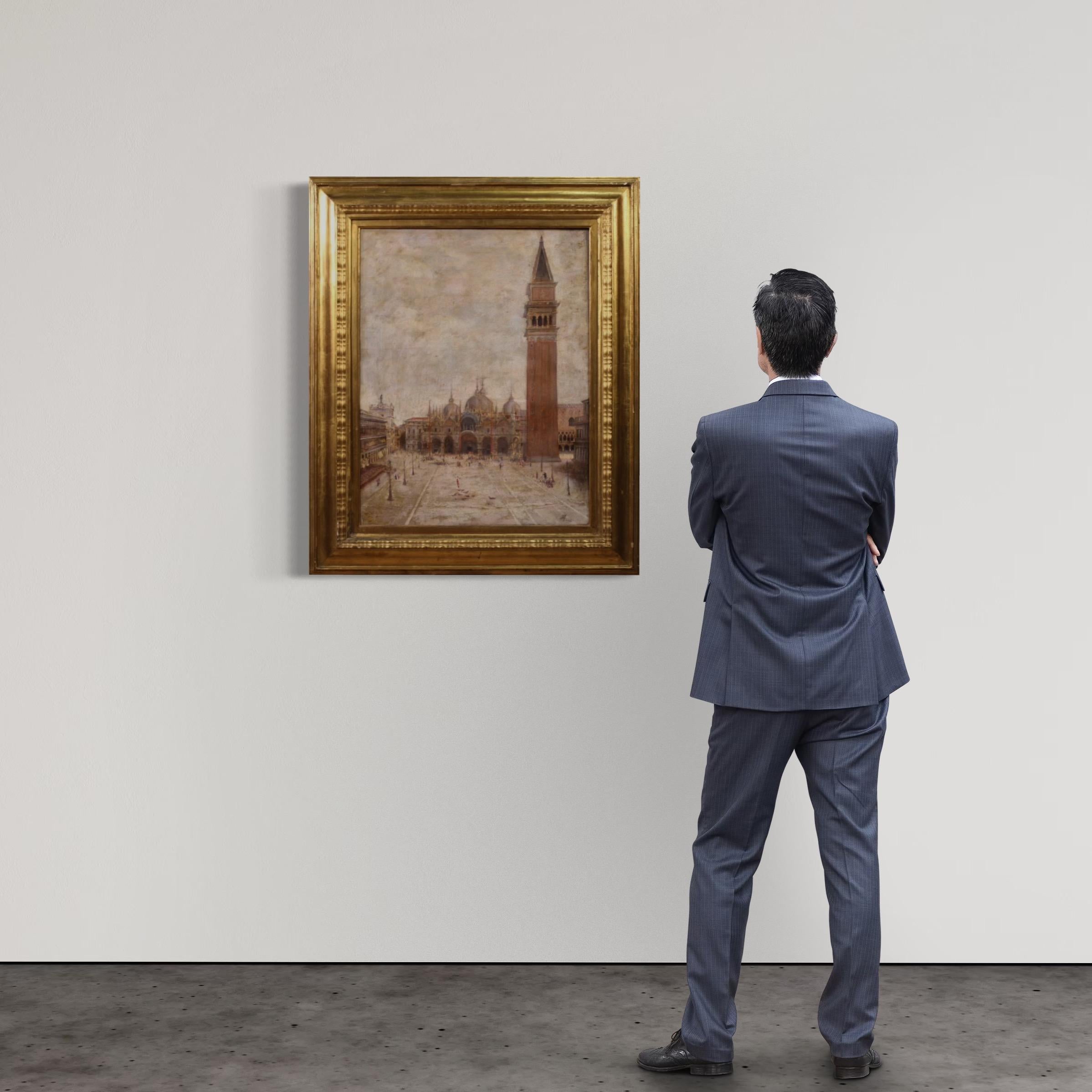 Splendid view of Venice signed M.C. and dated 1917. Oil on canvas, first canvas, painting depicting St. Mark's Square with a frontal view of the famous Basilica and the large bell tower. The style is rooted in the Venetian vedutista tradition; the