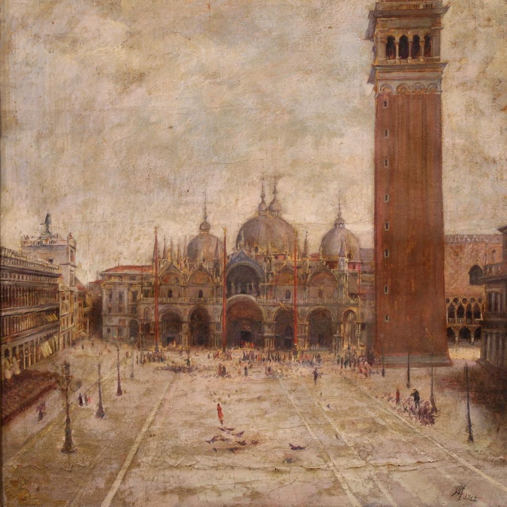 20th Century Oil on Canvas Italian Painting View of Saint Marks Square (Geölt) im Angebot