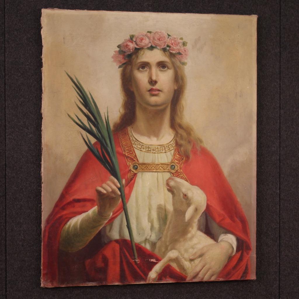 20th Century Oil on Canvas Italian Religious Painting Saint Agnes, 1920 For Sale 7