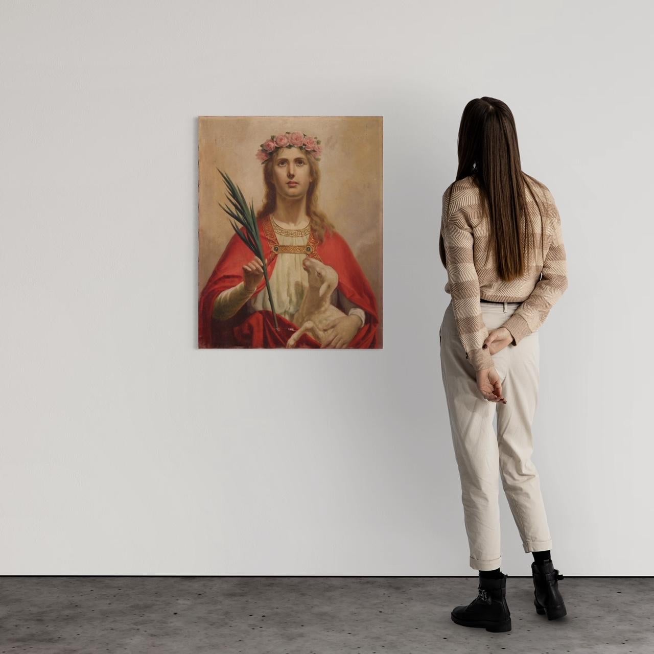 20th Century Oil on Canvas Italian Religious Painting Saint Agnes, 1920 For Sale 10