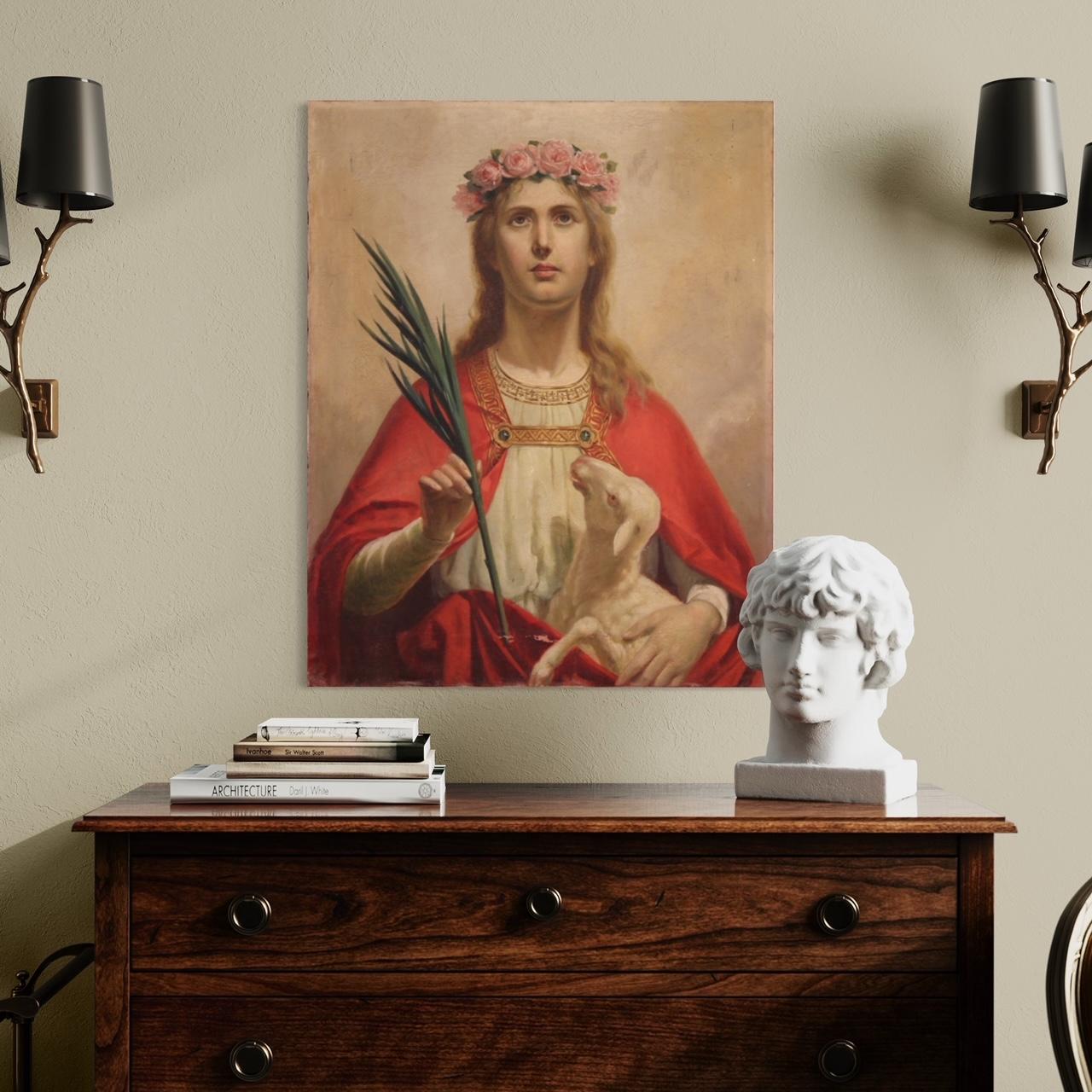 20th Century Oil on Canvas Italian Religious Painting Saint Agnes, 1920 For Sale 11