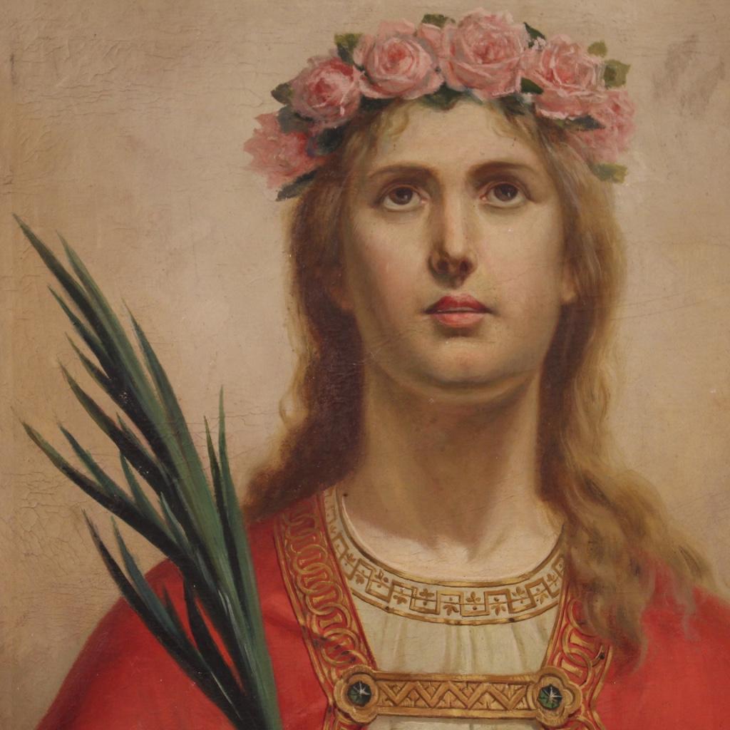 20th Century Oil on Canvas Italian Religious Painting Saint Agnes, 1920 For Sale 5