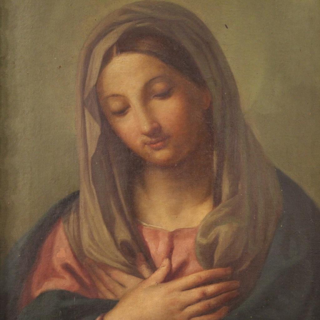 Italian painting dated 1902. Oil on canvas framework depicting a religious subject Virgin of good pictorial quality. Nice size and pleasantly decor painting with wooden frame of the 20th century carved and lacquered with one signs of aging (see