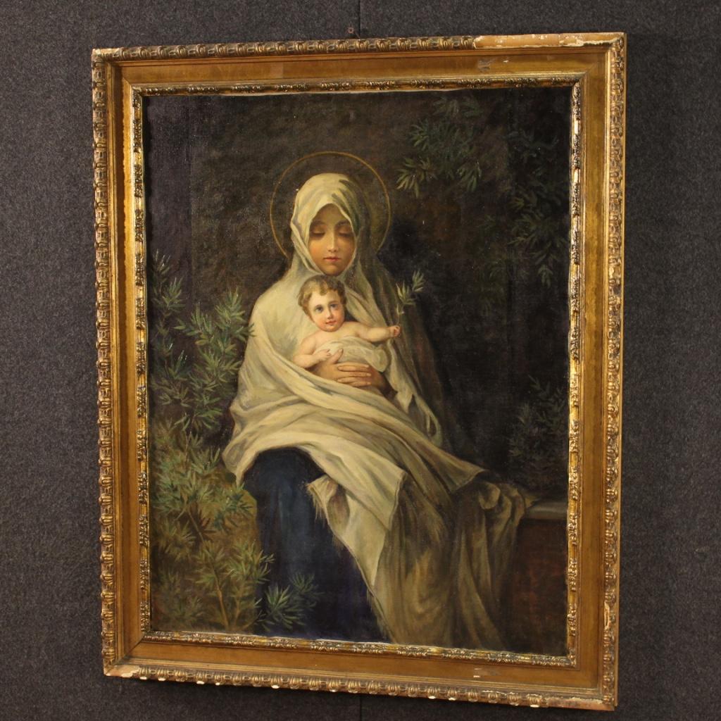20th Century Oil on Canvas Italian Religious Painting Virgin with Child, 1920 6