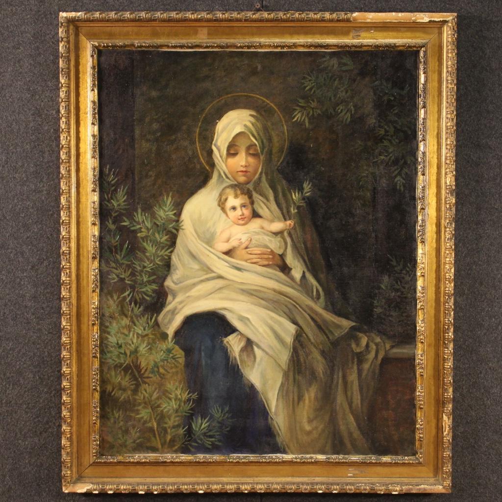 Italian painting from the first half of the 20th century. Framework oil on canvas depicting a subject of sacred art Virgin with child of good pictorial quality. Frame in wood and plaster that has several lack of decoration (see photo) to be restored