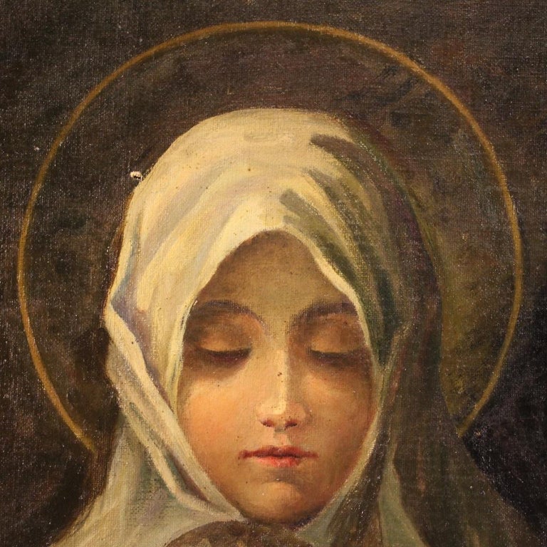 20th Century Oil on Canvas Italian Religious Painting Virgin with Child