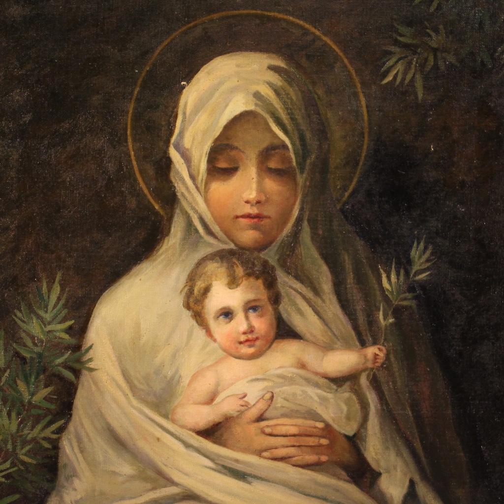 20th Century Oil on Canvas Italian Religious Painting Virgin with Child, 1920 In Fair Condition In Vicoforte, Piedmont