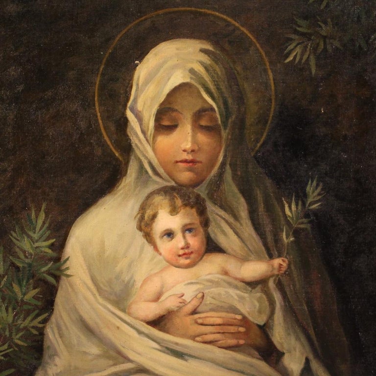 20th Century Oil on Canvas Italian Religious Painting Virgin with Child ...