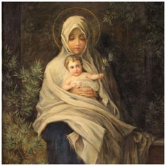 20th Century Oil on Canvas Italian Religious Painting Virgin with Child, 1920