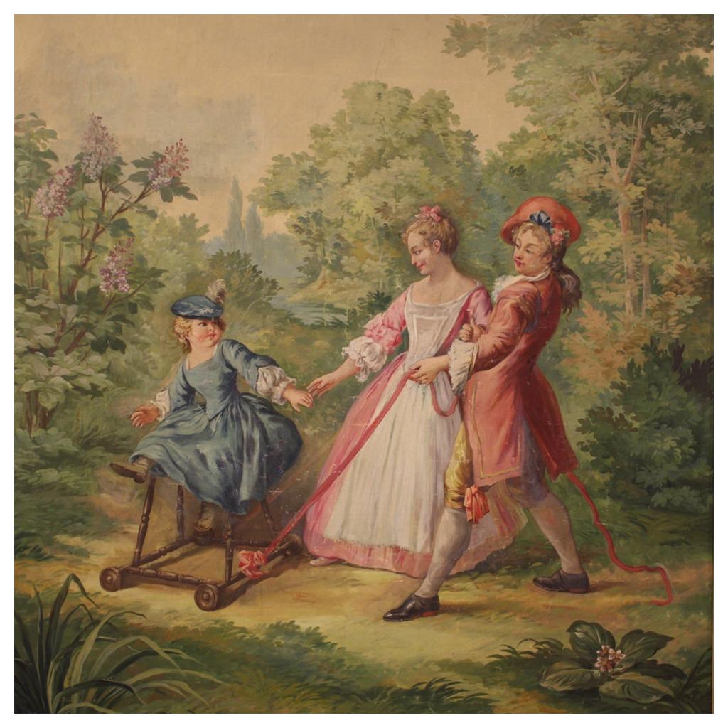 Grande peinture italienne de la première moitié du XXe siècle. Cadre à l'huile sur toile au sujet romantique Promenade dans le parc de bonne qualité picturale. Peinture qui représente une scène très agréable, un jeune couple de parents avec un