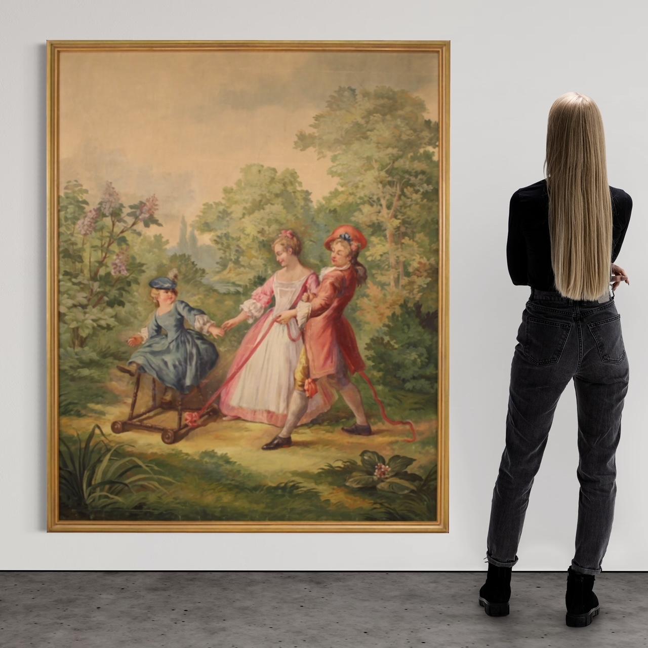 Großes italienisches Gemälde aus der ersten Hälfte des 20. Jahrhunderts. Öl auf Leinwand Rahmen mit romantischen Thema Spaziergang im Park von guter malerischer Qualität. Gemälde, das eine sehr angenehme Szene zeigt, ein junges Elternpaar mit einem
