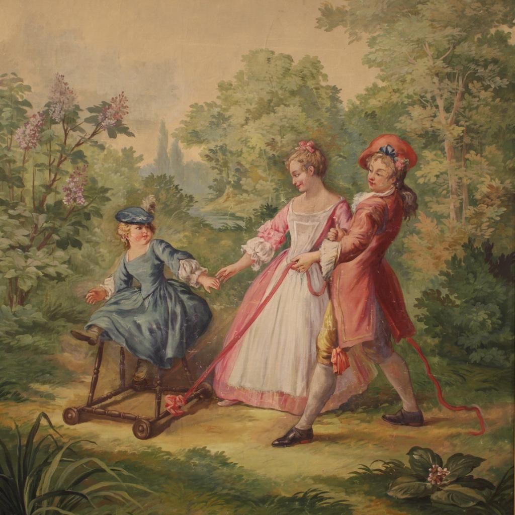 Oiled 20th Century Oil on Canvas Italian Romantic Painting Walk in the park, 1920s For Sale