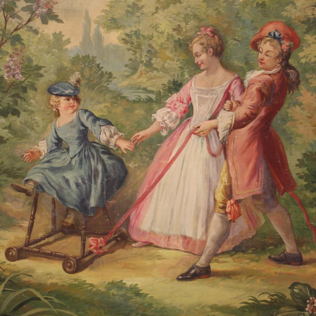 20th Century Oil on Canvas Italian Romantic Painting Walk in the park, 1920s For Sale 2