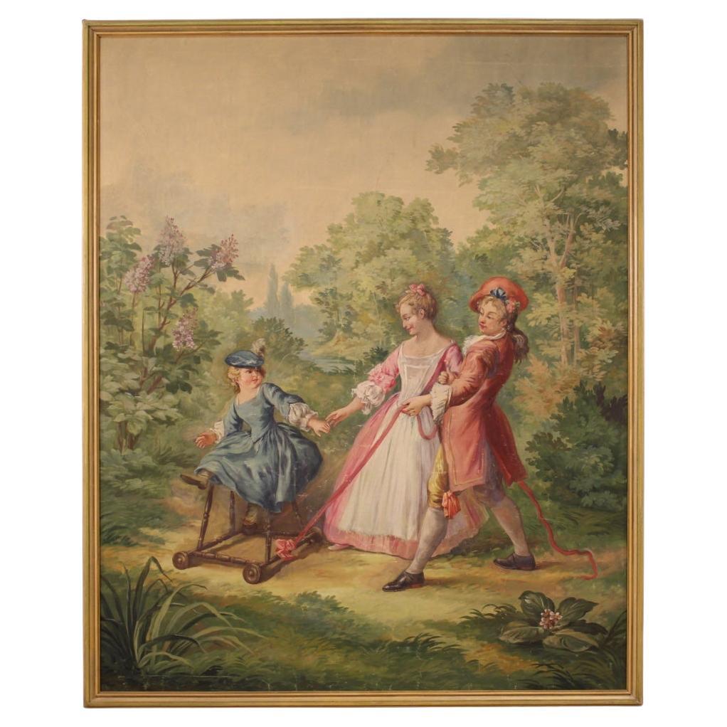 20th Century Oil on Canvas Italian Romantic Painting Walk in the park, 1920s For Sale