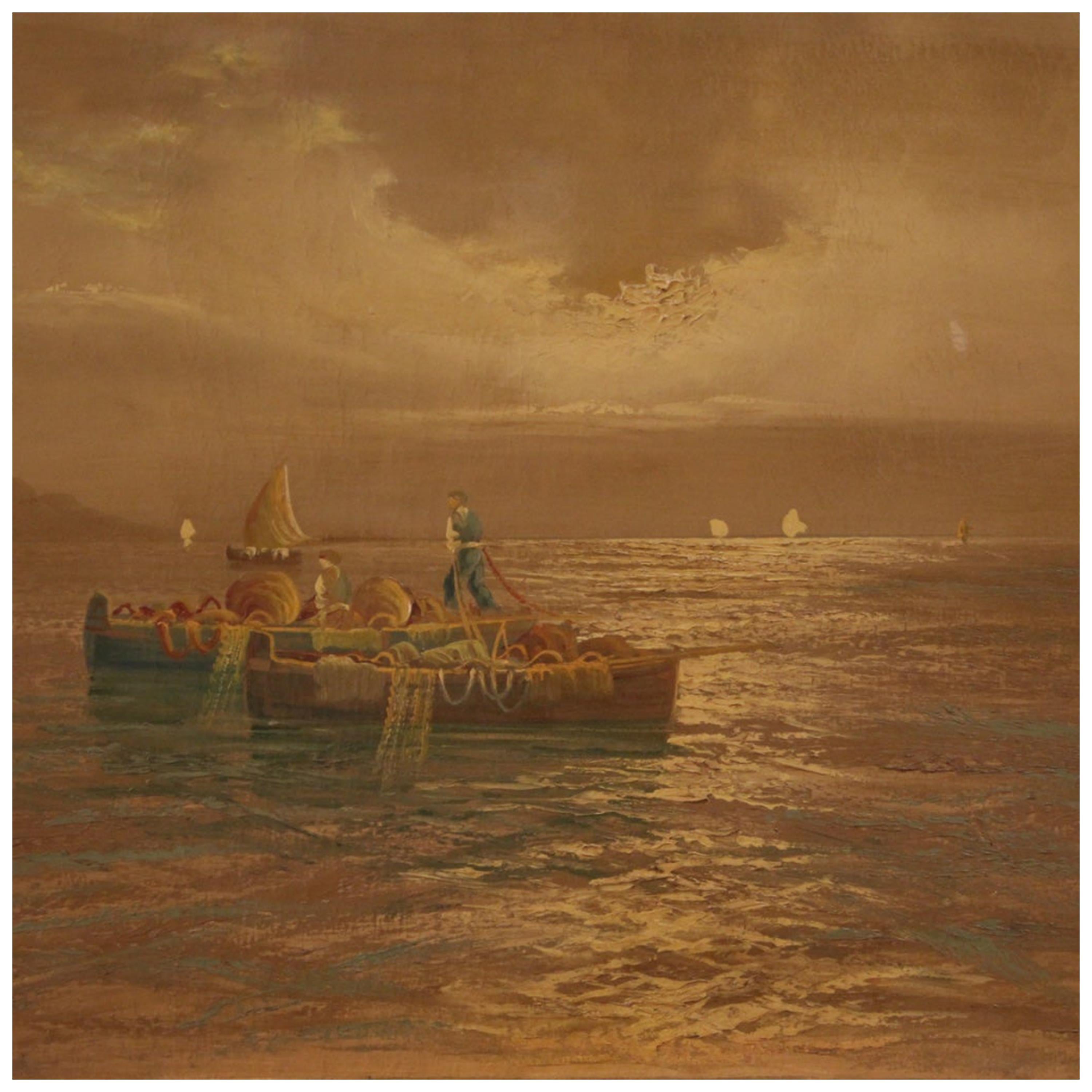 20th Century Oil on Canvas Italian Seascape With Boats  Painting, 1960