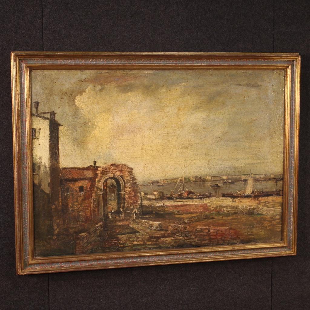 Italian painting from the second half of the 20th century. Framework oil on canvas in antique style depicting a seascape with fishermen and boats. Nice sized and pleasantly decor painting with modern lacquered and gilded wooden frame. Painting of