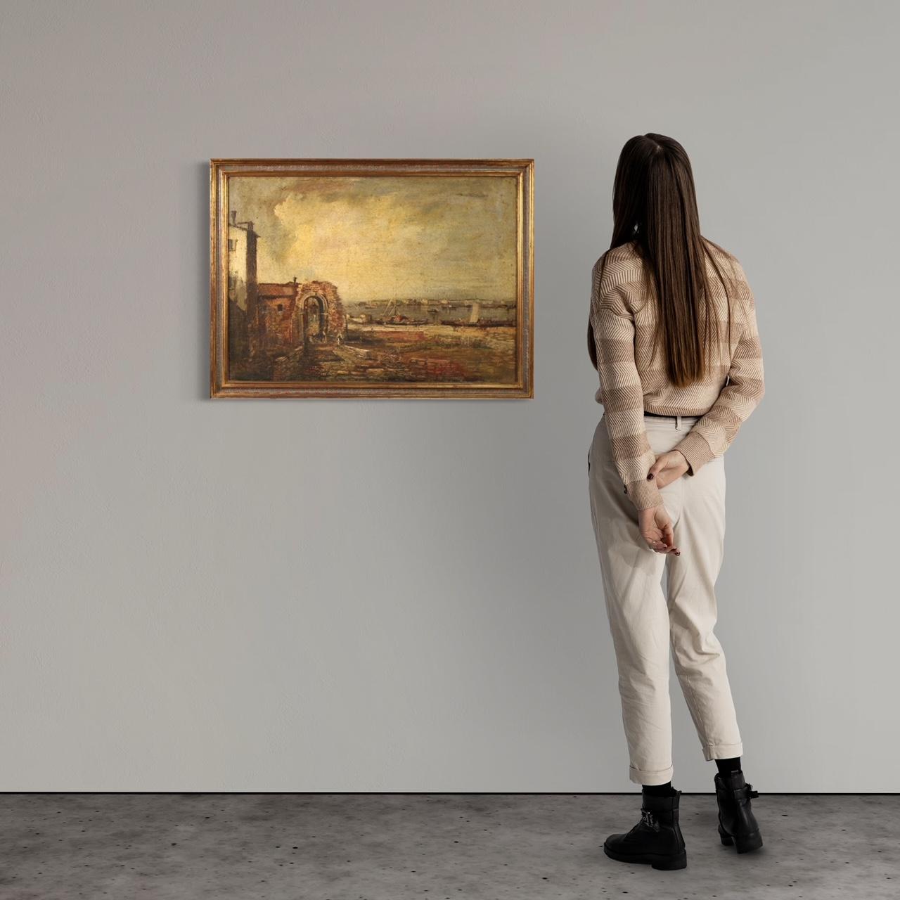 Italienische Malerei aus der zweiten Hälfte des 20. Jahrhunderts. Rahmen Öl auf Leinwand im antiken Stil, der eine Meereslandschaft mit Fischern und Booten zeigt. Hübsches und angenehmes Dekorgemälde mit modern lackiertem und vergoldetem Holzrahmen.