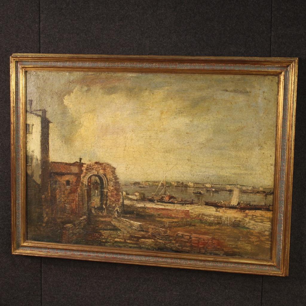 20. Jahrhundert Öl auf Leinwand Italienische Seelandschaft Gemälde, 1970 im Angebot 1