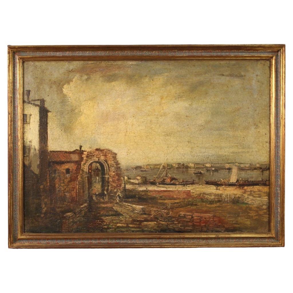 Huile sur toile du 20e siècle, peinture italienne de paysage marin, 1970