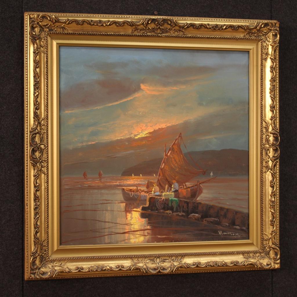 20th Century Oil on Canvas Italian Seascape Painting Fishermen at Dawn, 1960 5