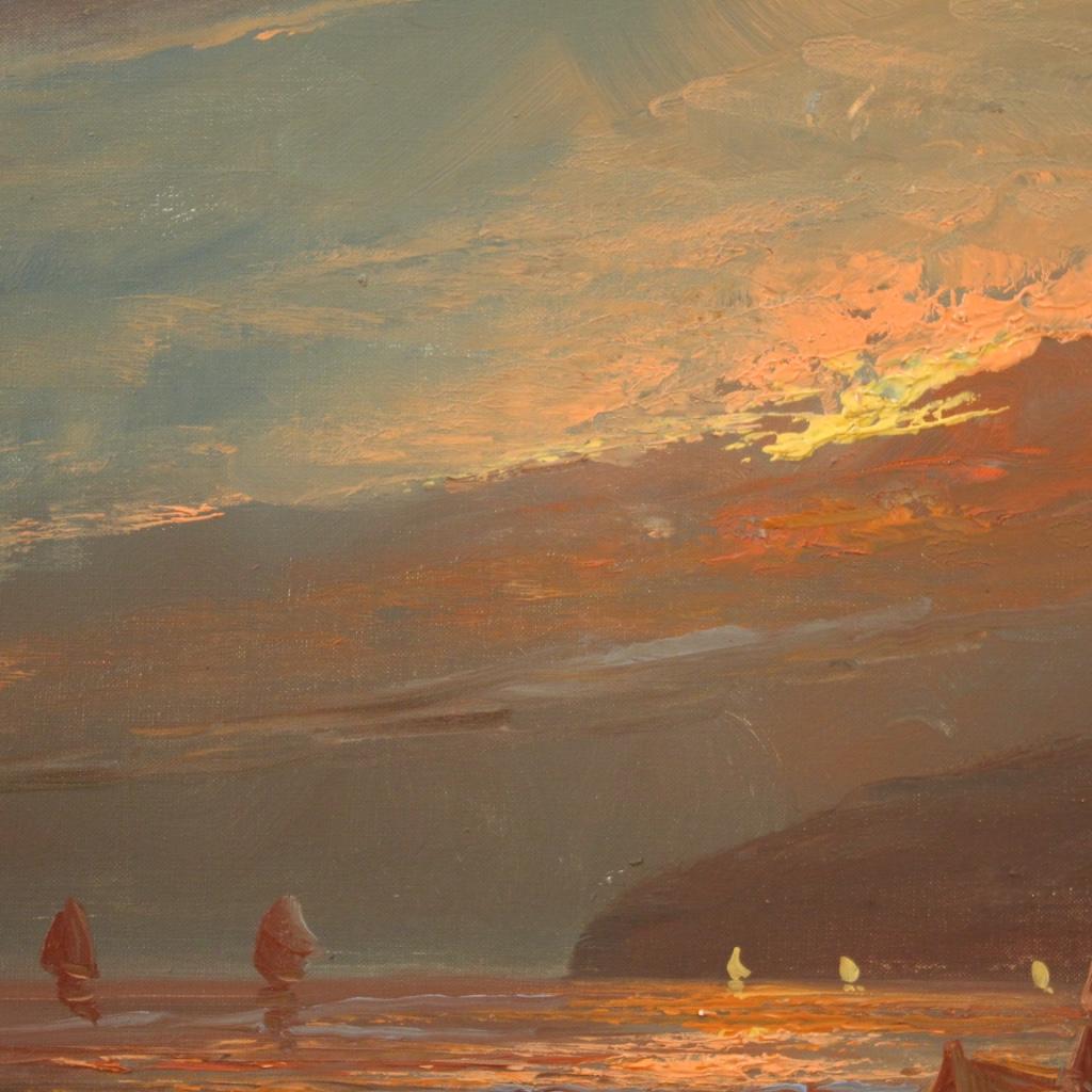 20th Century Oil on Canvas Italian Seascape Painting Fishermen at Dawn, 1960 6