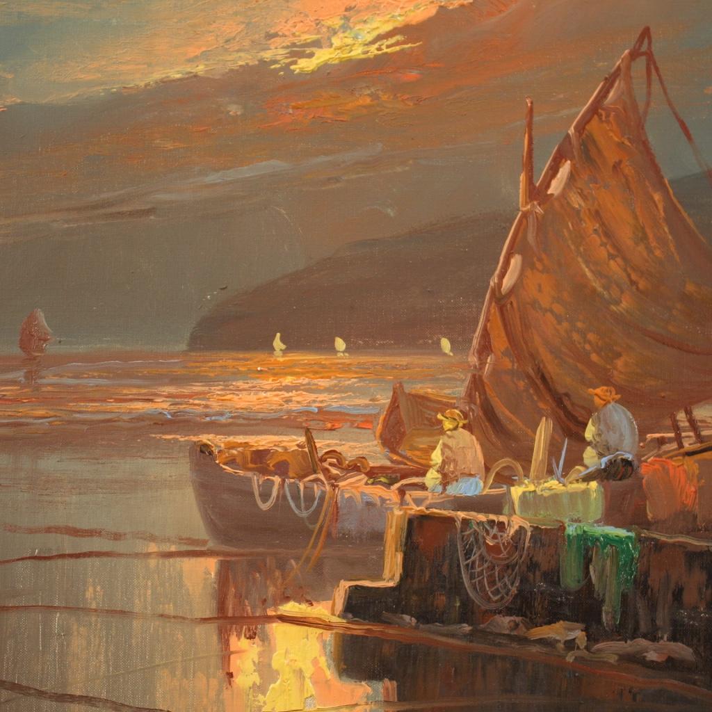 20th Century Oil on Canvas Italian Seascape Painting Fishermen at Dawn, 1960 7