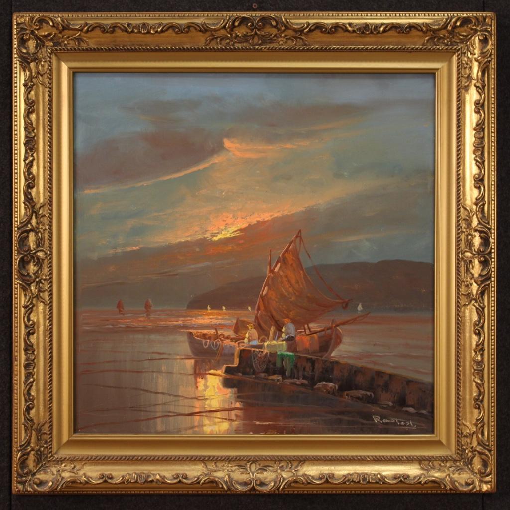 Italian painting from the 50s / 60s. Framework oil on canvas depicting a seascape with boats and fishermen at dawn, of good pictorial quality. Painting of nice size and pleasant decorsigned lower right (see picture) referable to Remo Testa, lacking